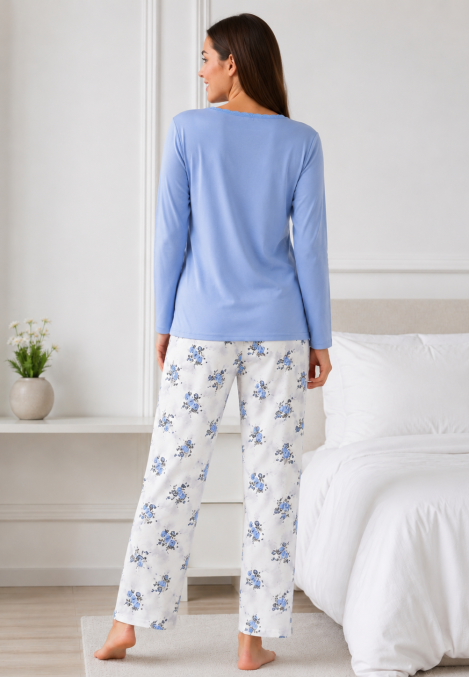 Pijama de damă cu bluză cu maneca lunga și pantaloni lung -Bleu,Engros